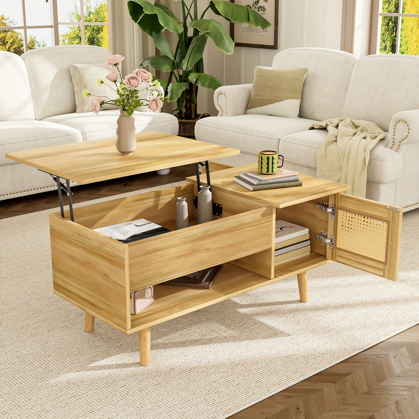 Modern Space-Saving Wooden Coffee Table with Adjustable Tabletop & Rattan Door Storage - Black Accent Legs, Engineered Wood & Hardwood Frame, Easy Assembly Living Room Furniture, Coffee Table for Living Room