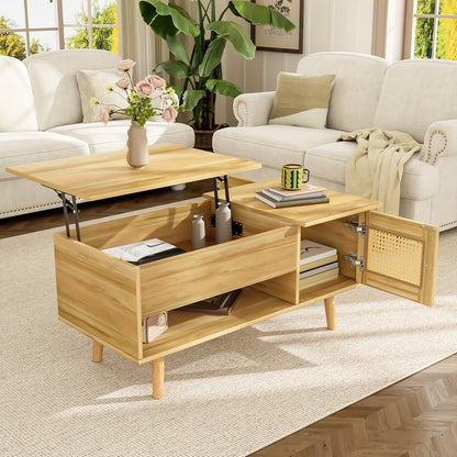 Modern Space-Saving Wooden Coffee Table with Adjustable Tabletop & Rattan Door Storage - Black Accent Legs, Engineered Wood & Hardwood Frame, Easy Assembly Living Room Furniture, Coffee Table for Living Room