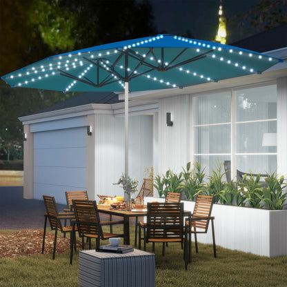 Dubbele Parasol – Tweepersoons Parasol – Terrasparasol – Zonneparasol – Tuinparasol – Blauw – UPF50+ UV-Bescherming – Zonne-LED Verlichting