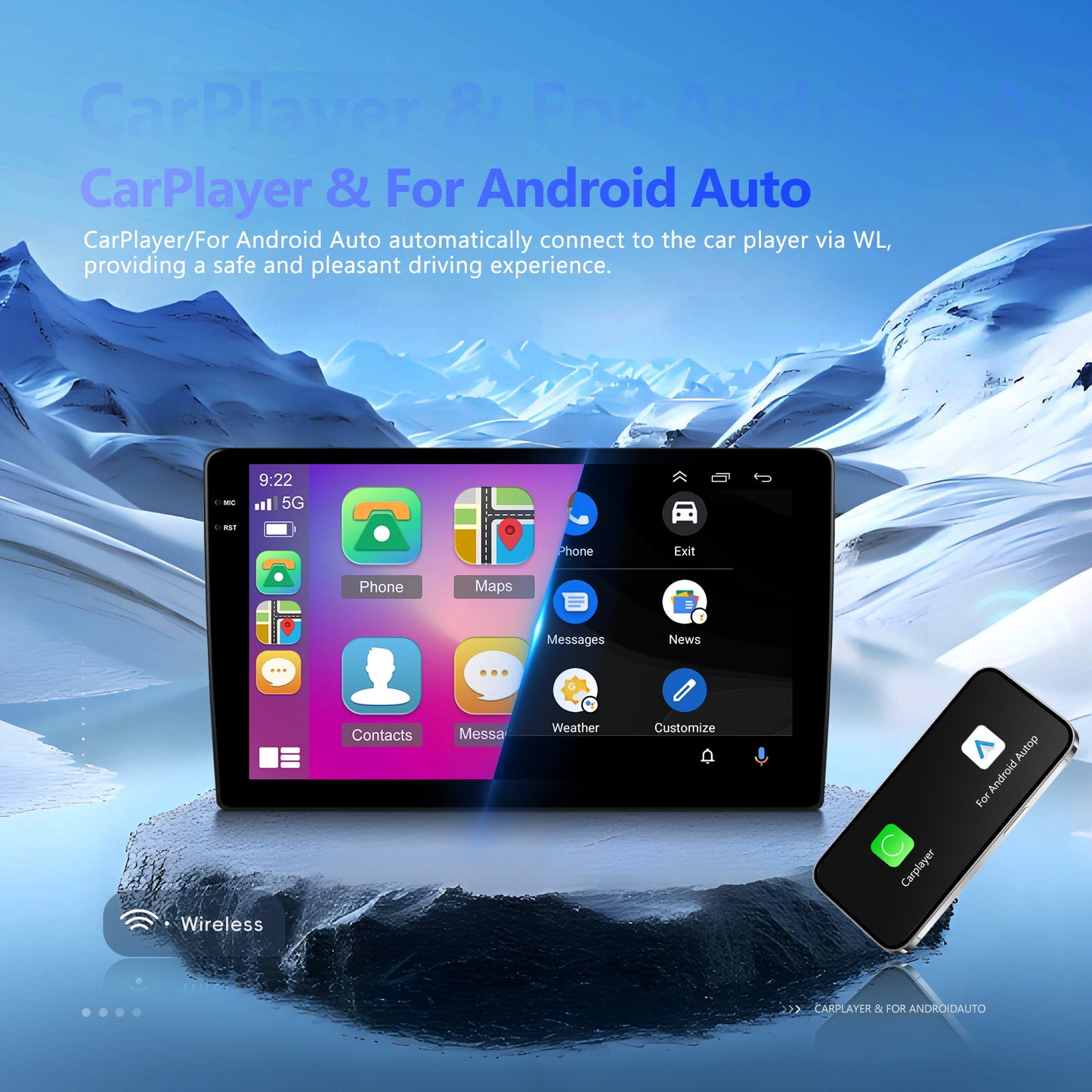 Car Stereo Featuring 4+128G Storage, Equipped with Wireless Apple Carplay And Android Auto, a 10-Inch 2 Din Android 15 Touchscreen, And Includes Wifi, SWC, FM, RDS, USB, And Camera Support.