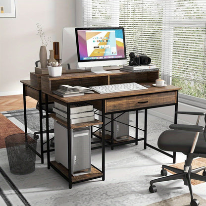 Bureau – Computerbureau – Bureautafel – Werktafel – PC Tafel – Met Lade en Monitorverhoger – Stevig Metaal Frame – 120x56x90,5 cm – Rustiek Bruin
