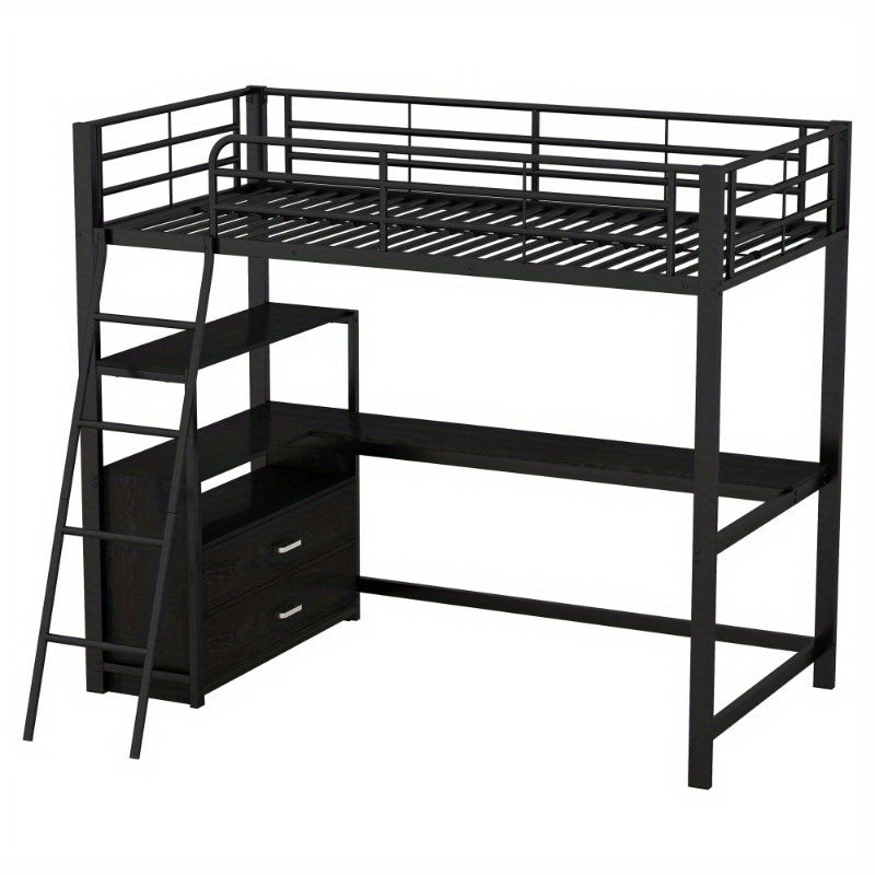 Hoogslaper Bed – Stapelbed – Studiebureau Bed – Ruimtebesparend Bed – Loft Bed Zwart – Stevig Metalen Frame – Ingebouwd L-Vormig Bureau