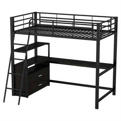 Hoogslaper Bed – Stapelbed – Studiebureau Bed – Ruimtebesparend Bed – Loft Bed Zwart – Stevig Metalen Frame – Ingebouwd L-Vormig Bureau