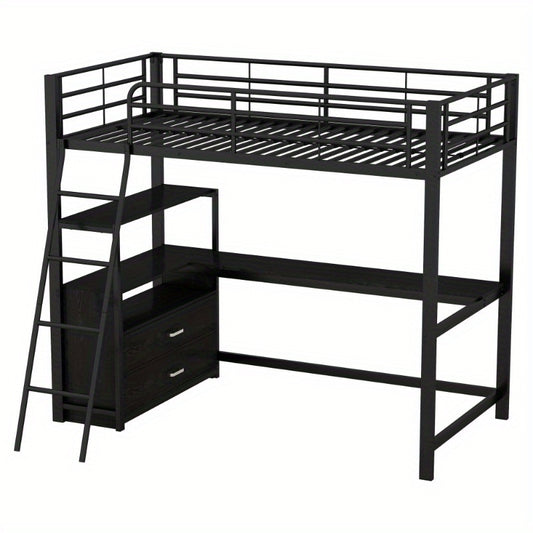 Hoogslaper Bed – Stapelbed – Studiebureau Bed – Ruimtebesparend Bed – Loft Bed Zwart – Stevig Metalen Frame – Ingebouwd L-Vormig Bureau