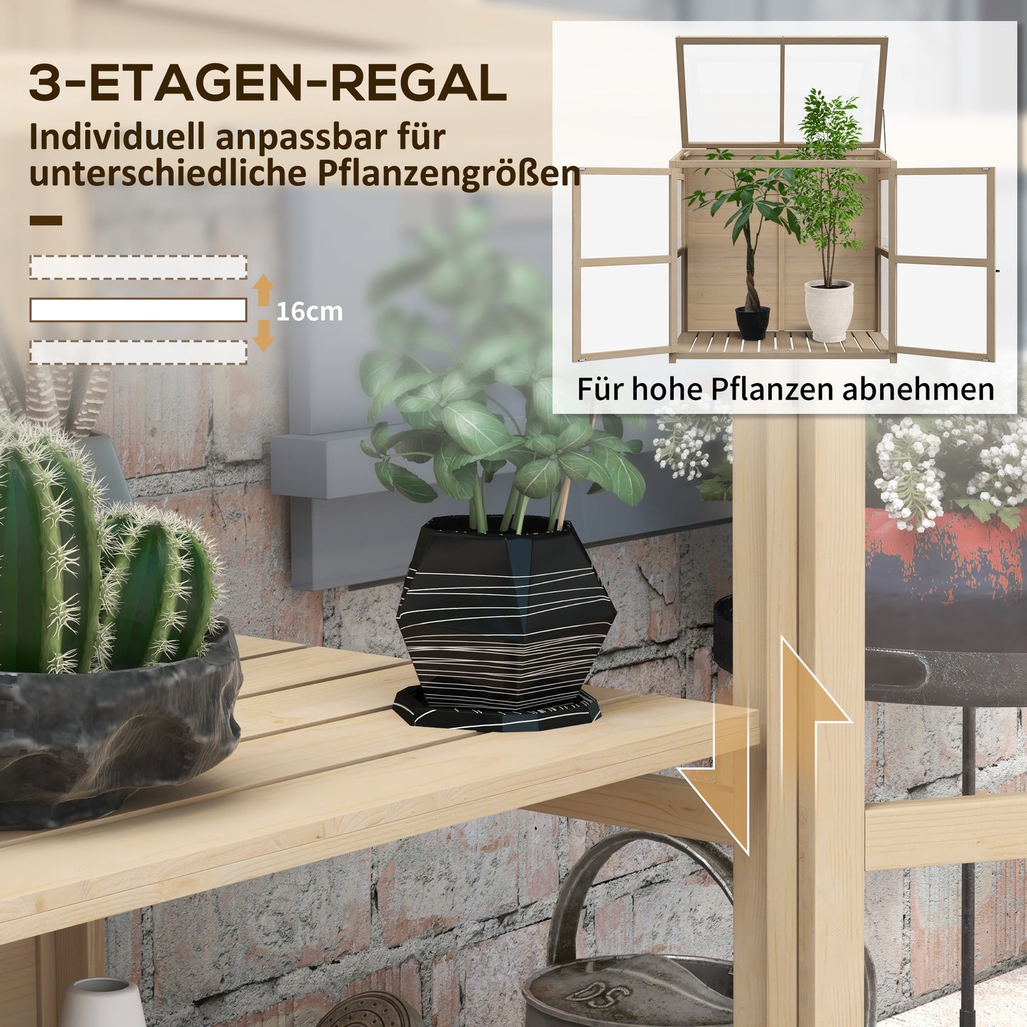 Houten Kweekkastje – Mini Kas – Kweekkast – Plantenkas – Kweekbak – Dubbele Deuren – Verstelbaar Dak – Natuurlijk Hout – Compact 103x61x103 cm – 2 Laags Met Acrylpanelen