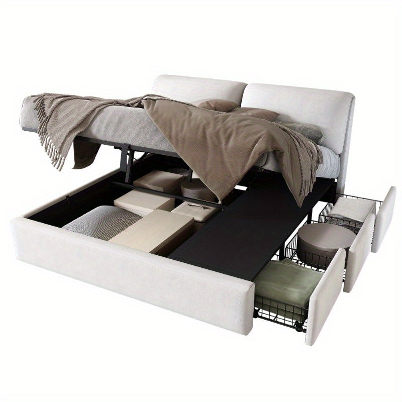 Opbergbed – Opbergbedframe – Hydraulisch Bed – Gestoffeerd Bed – Tweepersoonsbed – 180x200 cm – Beige Fluweel – Met Hoofdeinde & 3 Metalen Lades – Lattenbodem Zonder Matras