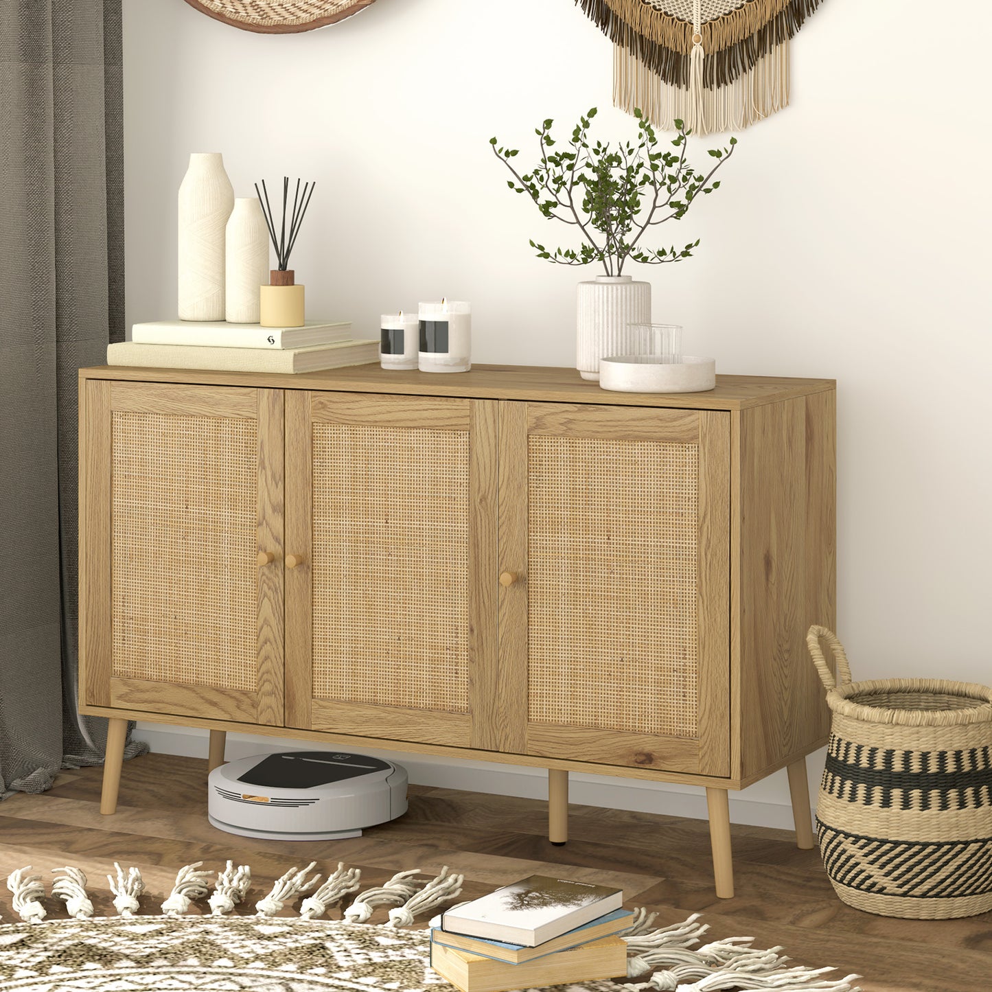 Buffet – Dressoir – Opbergkast – Ladekast – Wandmeubel – Natuurlijk Hout – Rotan Deuren – Verstelbare Planken – 120x40x75 cm