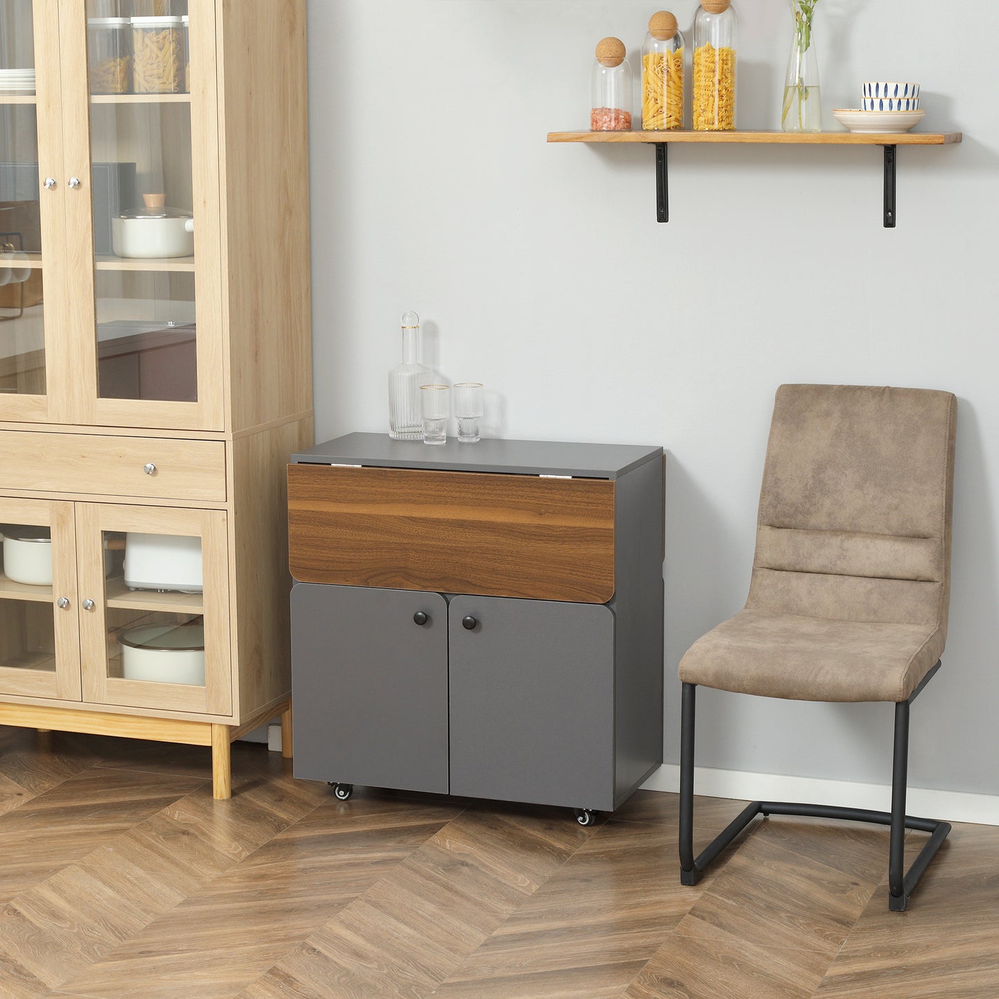 Opklapbare Tafel – Klaptafel – Vouwtafel – Tuintafel – Campingtafel – Met Opbergruimte – Vier Wieltjes – Lichtgrijs Donkerbruin – 70 x 83 x 75 cm