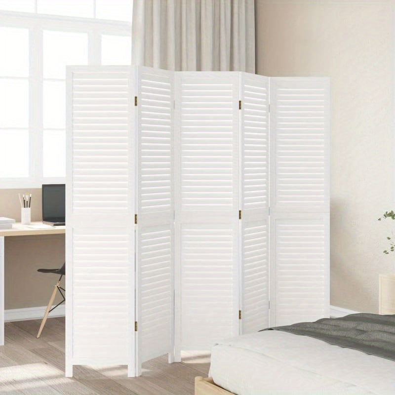 5-Panel White Paulownia Wood Room Screen - Elegant Privacy Divider for Bedrooms, Living Rooms, Offices with Vertical Striped Design and Golden Accents