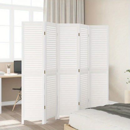 5-Panel White Paulownia Wood Room Screen - Elegant Privacy Divider for Bedrooms, Living Rooms, Offices with Vertical Striped Design and Golden Accents