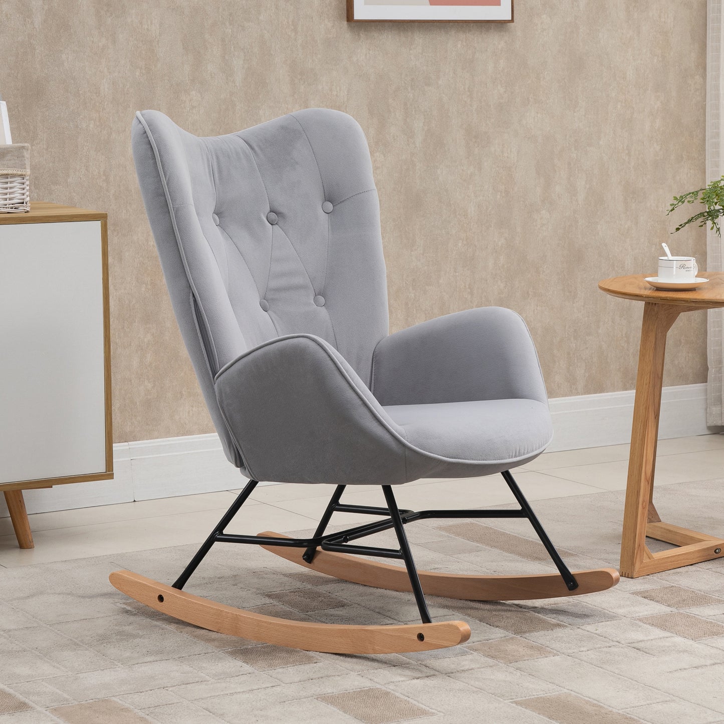 Schommelstoel – Schommelstoel met Armleuning – Rocking Chair – Relaxstoel – Retro Stoel – Lichtgrijs – Hoog Comfort – Duurzame Rubberhoutconstructie