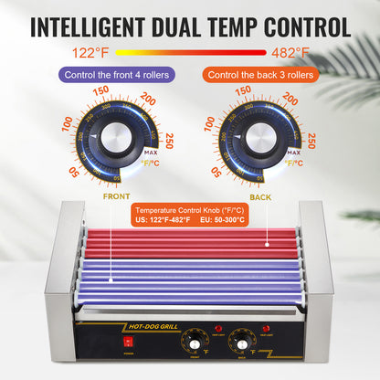 Hotdoggrill – Worstengrill – Hotdogmaker – Hotdogroller – Elektrische Rollergrill – 7 Rollers Voor 18 Hotdogs – Roestvrij Staal & 1400W Vermogen