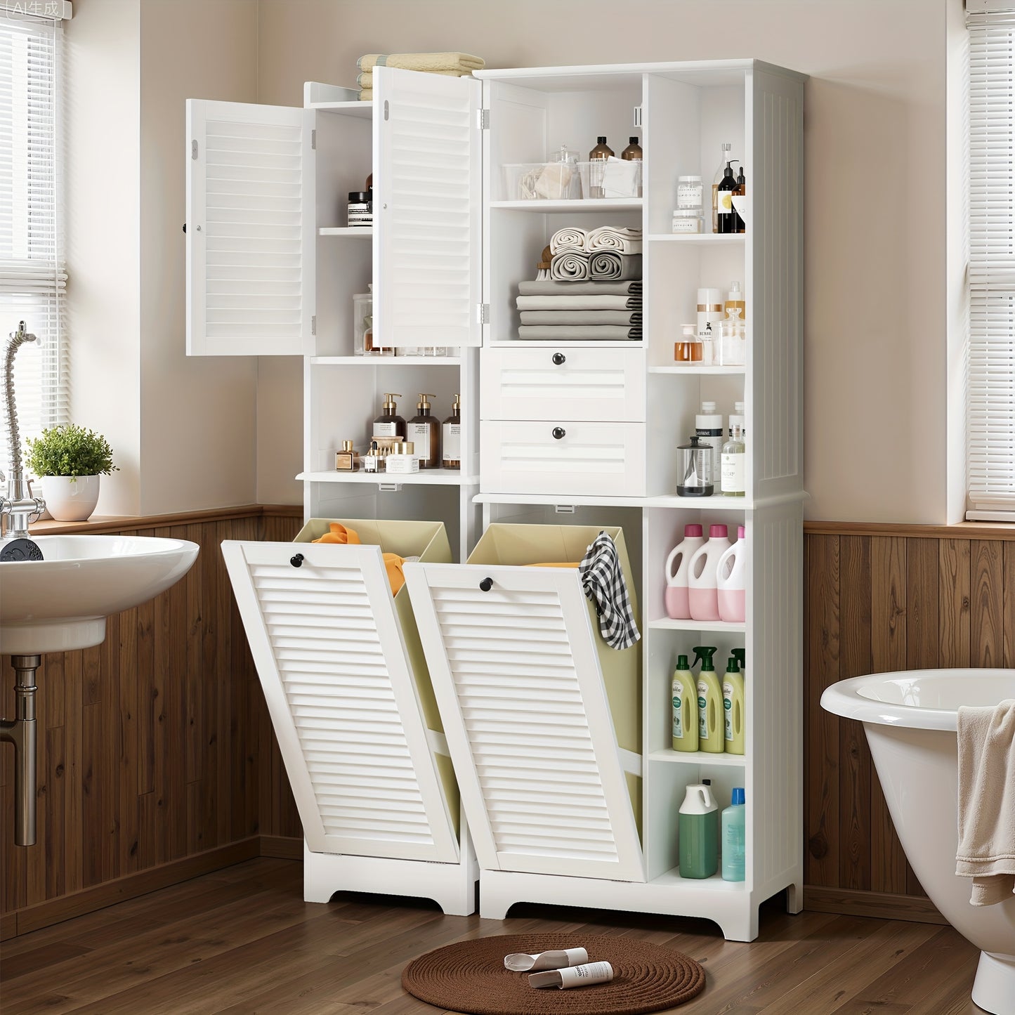 Modern Hoog Badkamerkast – Badkamermeubel – Opbergkast – Staande Kast – Opbergmeubel – Met Opvouwbare Waszak – 2 Deuren & 1 Lade – 6 Open Planken – Duurzaam Hout en Stof – Ruimtebesparend Design – Hoogte 68,58 cm