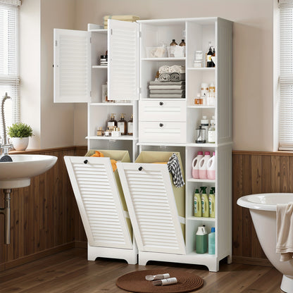 Modern Hoog Badkamerkast – Badkamermeubel – Opbergkast – Staande Kast – Opbergmeubel – Met Opvouwbare Waszak – 2 Deuren & 1 Lade – 6 Open Planken – Duurzaam Hout en Stof – Ruimtebesparend Design – Hoogte 68,58 cm