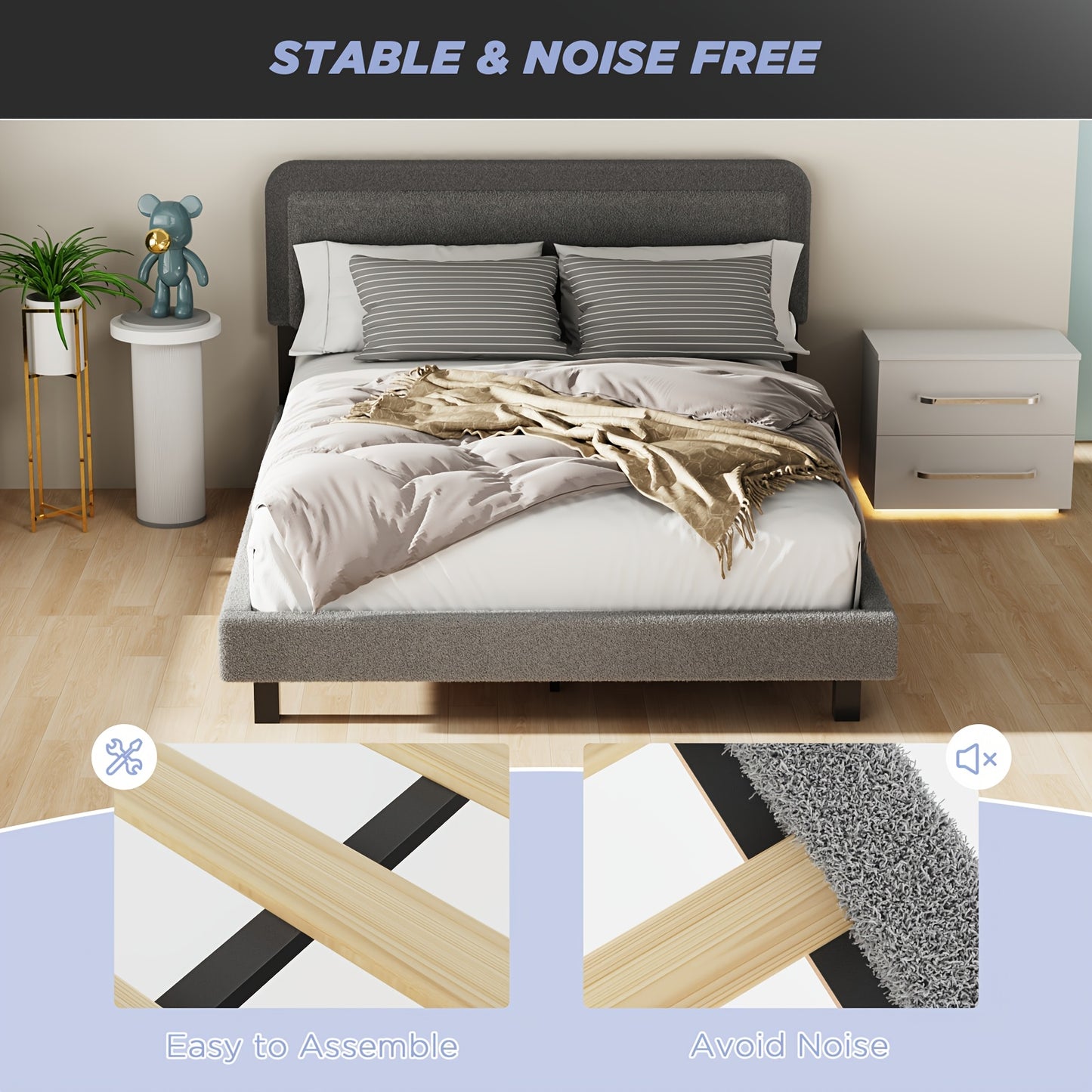 Contemporary Bed Frame with a Gray Sherpa Fleece Headboard, Single Size 90×200Cm, Featuring a Soft Fabric Design And a Detachable Backrest.