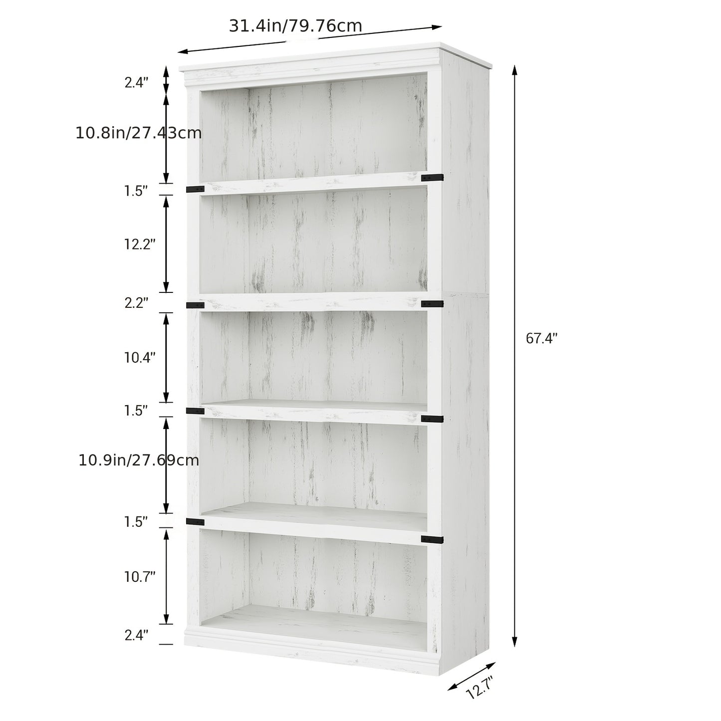 TACKVIEW Retro Style Bookcase - 800x320x171, 5.08 cm Antique White/Black Wooden Shelf with 6 Shelves, 2 Drawers & 2 Open Shelves, Freestanding Vertical Storage for Living Room, Bedroom, Office - Easy Assembly, Durable MDF & W