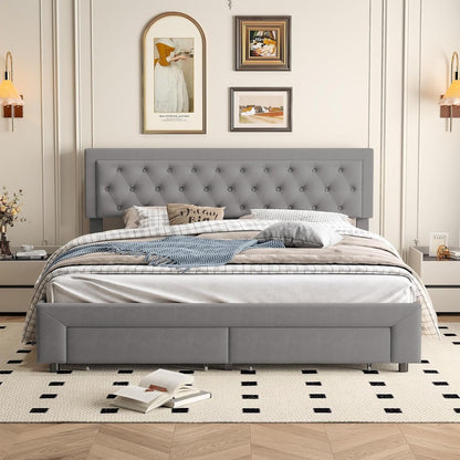 Tweepersoonsbed – Opbergbed – Ladebed – Bedkast – Slaapbank – Fluwelen Hoofdeinde – Gasdrukstang Lade – 160x200 cm Grijs
