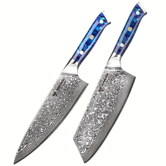 Koksmes – Nakiri Mes – Keukenmes – Damastmes – Professioneel Mes – Set van 2 – VG10 Damascus Staal – Ergonomisch Resin Handvat