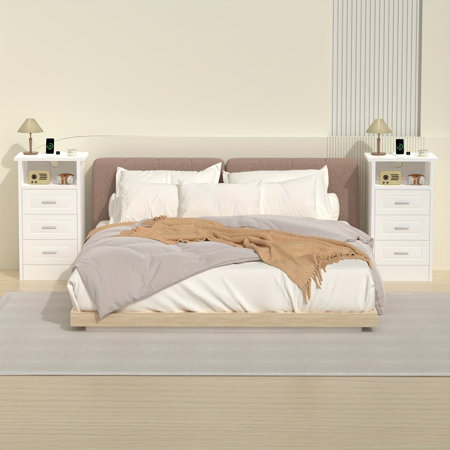 Nachtkast – Bijzettafel – Bedtafeltje – Opbergkast – Nachtkastje – Wit – 3 Lades + Open Vak – USB LED-Verlichting – Compact & Ruimtebesparend