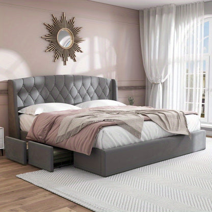 Bedframe – Stoffen Bed – Tweepersoonsbed – Opbergbed – Slaapbank – 180x200 cm – Met 4 Opberglades – Stevige Draadbodem