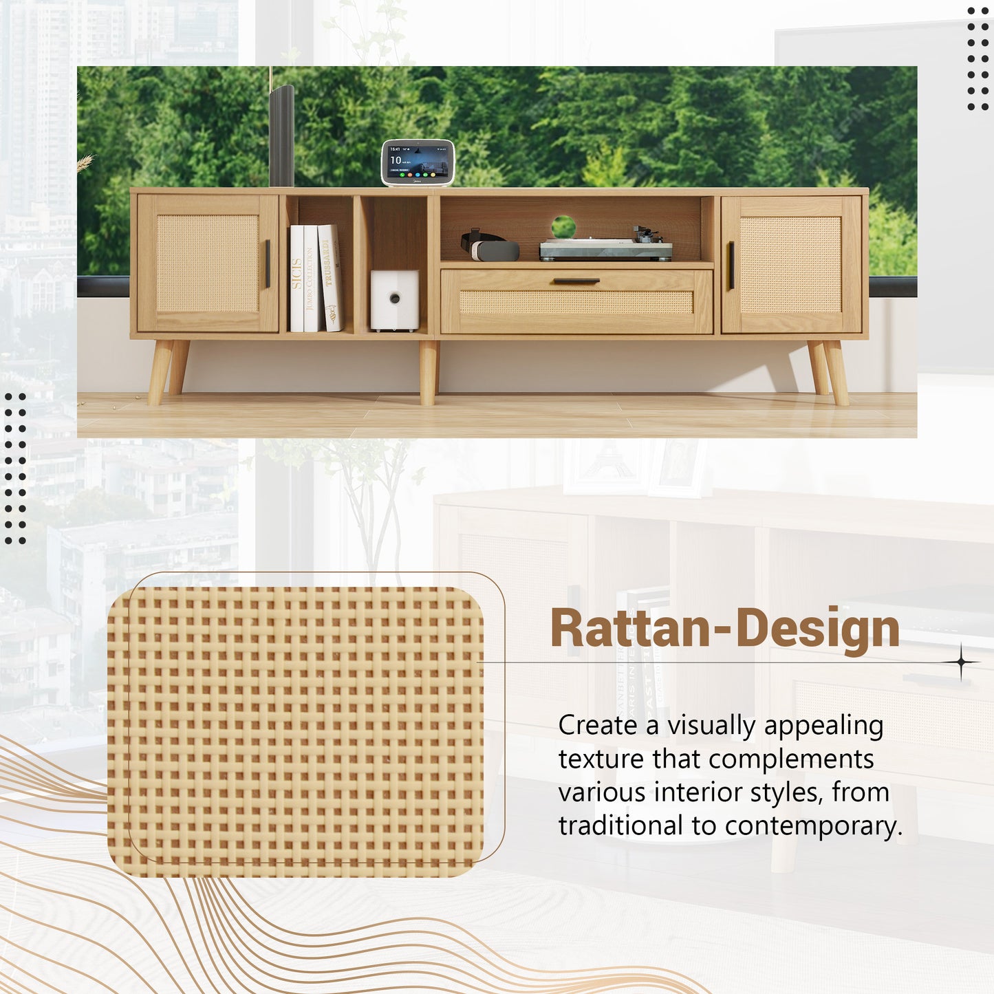 BTM TV Lowboard with Wood Look, Rattan Doors, and Drawer, 180 cm TV Stand for 80-Inch TVs, TV Cabinet with Cable Management, Storage Space & Solid Wood Legs, Scandinavian Design