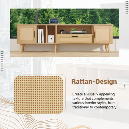 BTM TV Lowboard with Wood Look, Rattan Doors, and Drawer, 180 cm TV Stand for 80-Inch TVs, TV Cabinet with Cable Management, Storage Space & Solid Wood Legs, Scandinavian Design