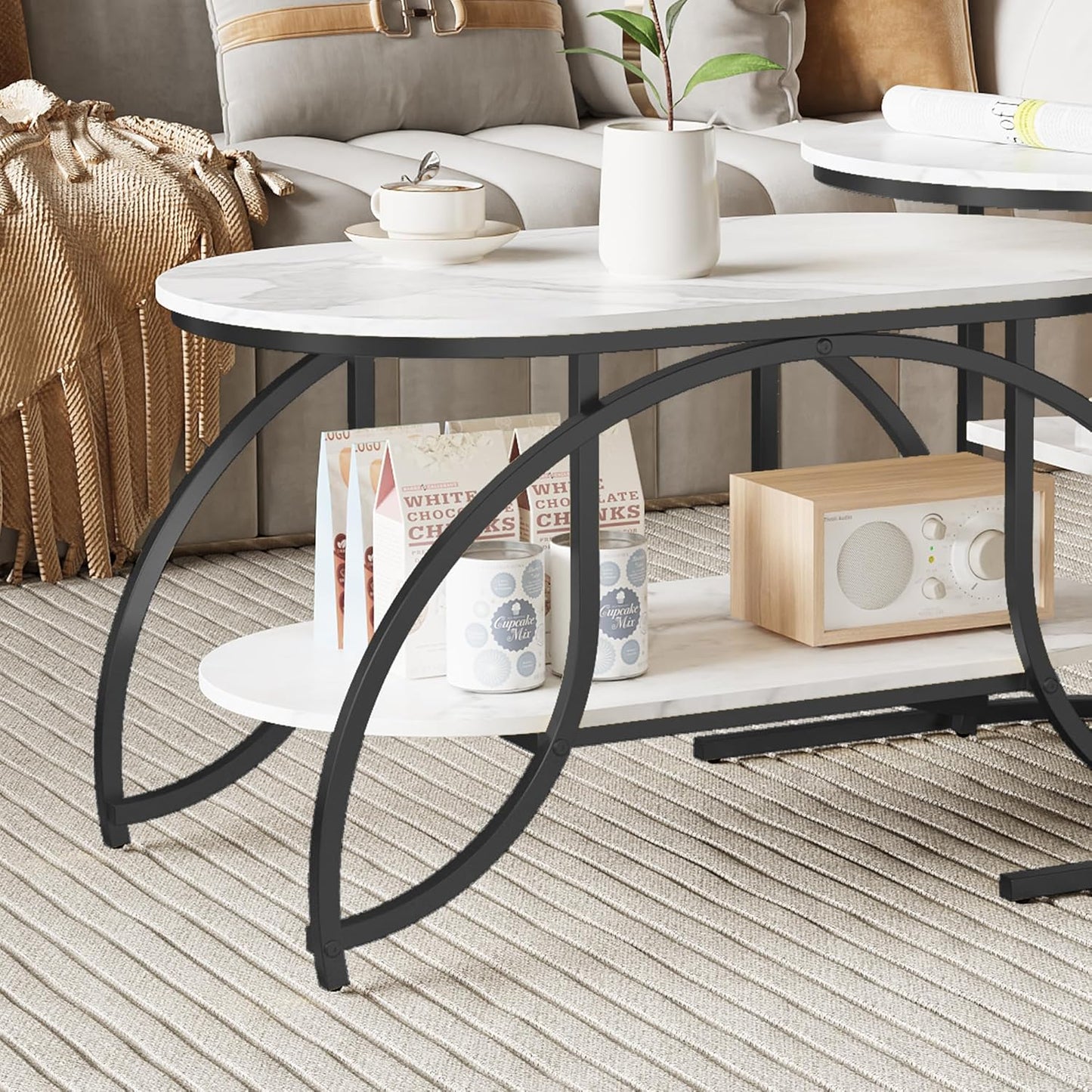 Salontafel – Bijzettafel – Woonkamertafel – Koffietafel – Tafelset – Ronde Tafels – Marmerlook Blad – Gouden Metalen Poten