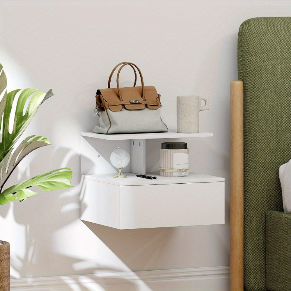 Bedside table, hanging bedside table Side table with drawers, open compartment, bedroom, living room sofa table, white, 39.8 x 35 x 31.6cm