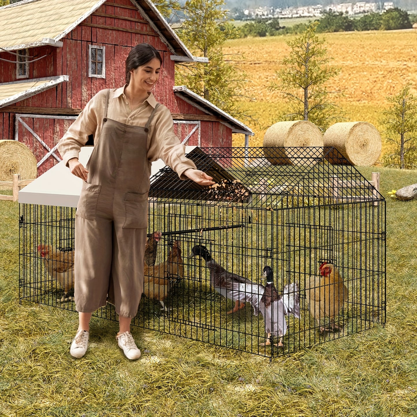 Heavy Duty Metal Chicken Coop 218.44cm x 101.6cm x 101.6cm Walk-In Poultry Cage with 4 Doors, Waterproof UV-Resistant Cover & -Proof Lock - Large Outdoor Barn for Ducks, Rabbits, Chickens - Spacious Run for 8-10 Hens, Easy As