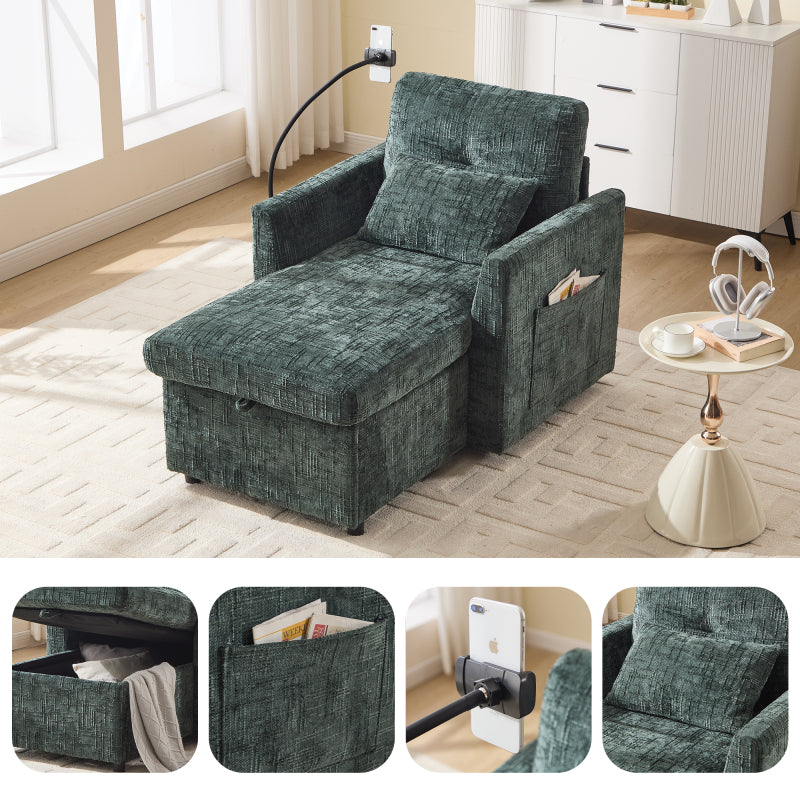 Loungestoel – Relaxstoel – Fauteuil – Leunstoel – Chenille Stoel – Inklapbaar & Ruimtebesparend – Zachte Chenille Bekleding & Telefoonhouder Met Opbergruimte