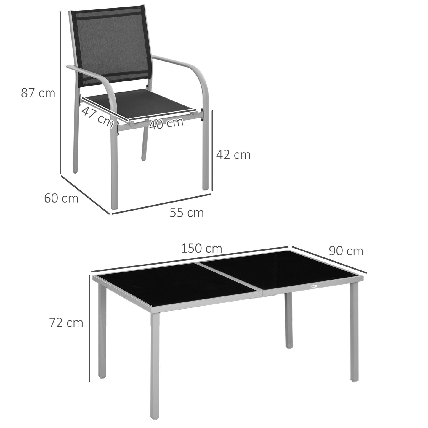 Tuinset – Tuinmeubelset – Bistroset – Loungeset – 7-delig – 6 Stapelbare Stoelen – Stalen Tafel Met Gehard Glas – Zwart