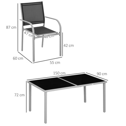 Tuinset – Tuinmeubelset – Bistroset – Loungeset – 7-delig – 6 Stapelbare Stoelen – Stalen Tafel Met Gehard Glas – Zwart