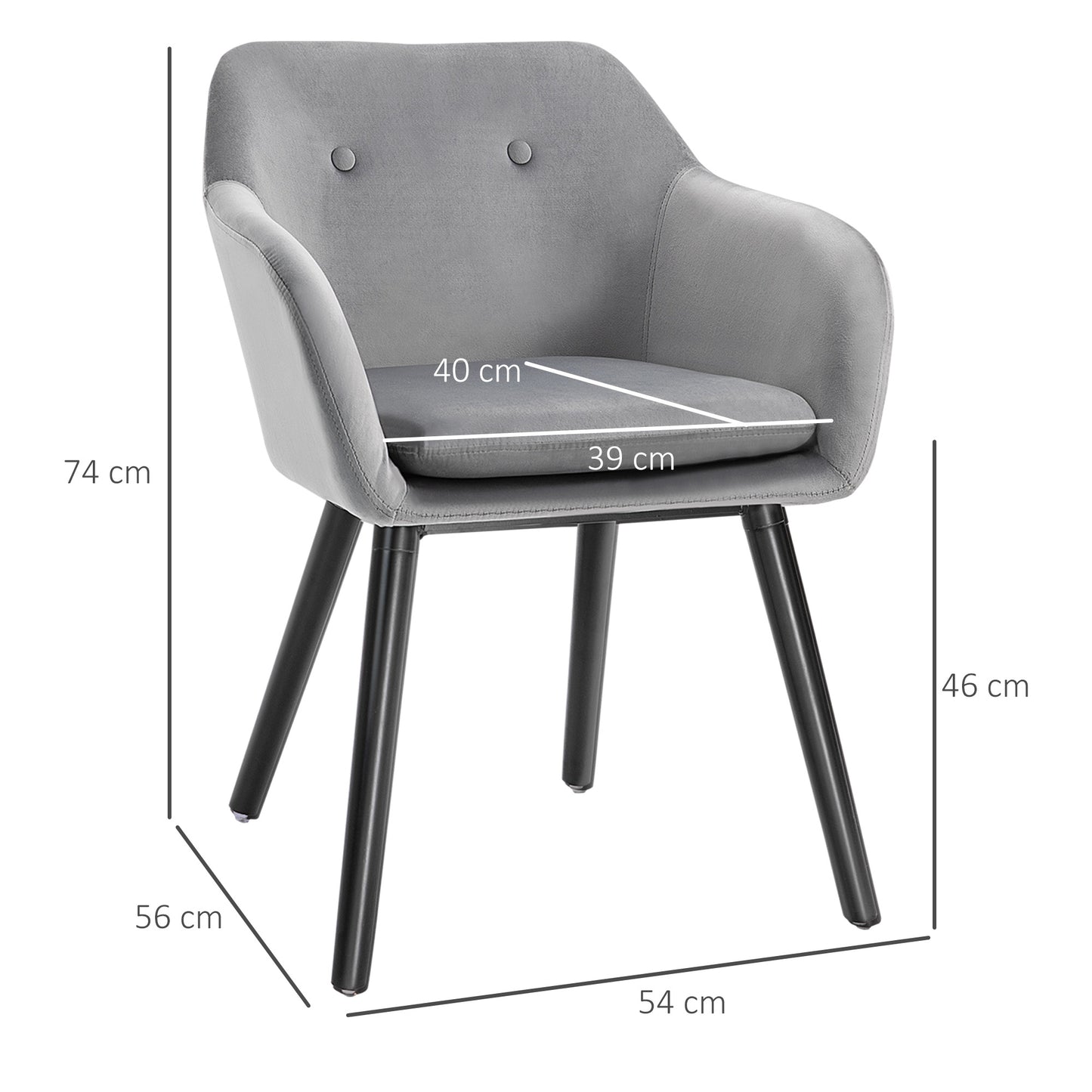 HOMCOM Dining Room Chairs Kitchen Chair Living Room Scandinavian Chairs - Set of 2 - Tapered Legs Black Wood - Grey Velvet