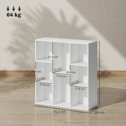 Boekenkast – Boekenrek – Opbergkast – Vakkenkast – Witte 8-laags Open Kast – Compact 74x24x80 cm – Draagkracht 64 kg