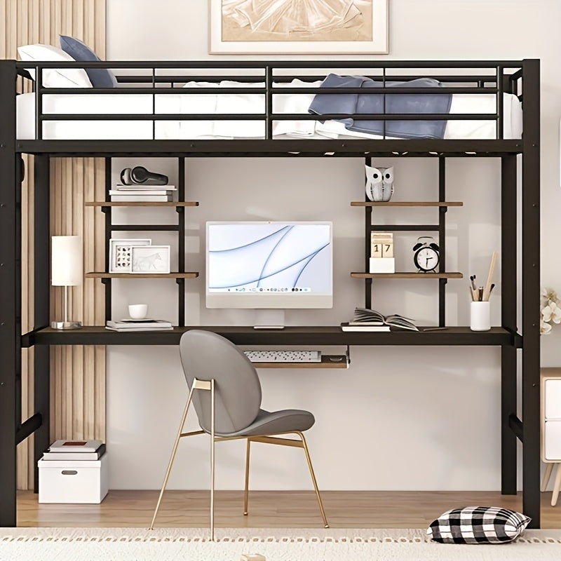 Bedframe – Metalen Bed – IJzeren Bed – Hoogslaper – Eenpersoonsbed – Inclusief Bureau En Boekenplanken – Robuust Stalen Frame – Afmeting 90x200 cm – Zwart