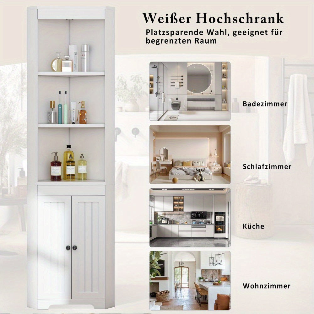 Badkamerkast Hoog – Badkamermeubel – Opbergkast – Opbergmeubel – Opbergoplossing – Wit – Vochtbestendige Dubbele Deuren – 3 Open Vakken & 2 Schuifplanken
