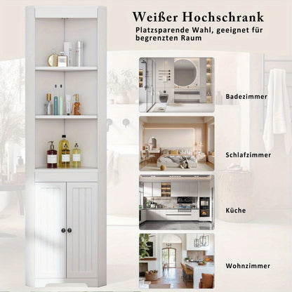 Badkamerkast Hoog – Badkamermeubel – Opbergkast – Opbergmeubel – Opbergoplossing – Wit – Vochtbestendige Dubbele Deuren – 3 Open Vakken & 2 Schuifplanken