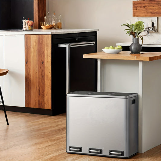Kitchen Bin, 3 X 18L Recycling Bin, 3 Compartment Rubbish Bin for Recycling And Waste, 15 Liners Included, Soft-Close Lids, Pedals, Inner Buckets, Steel,