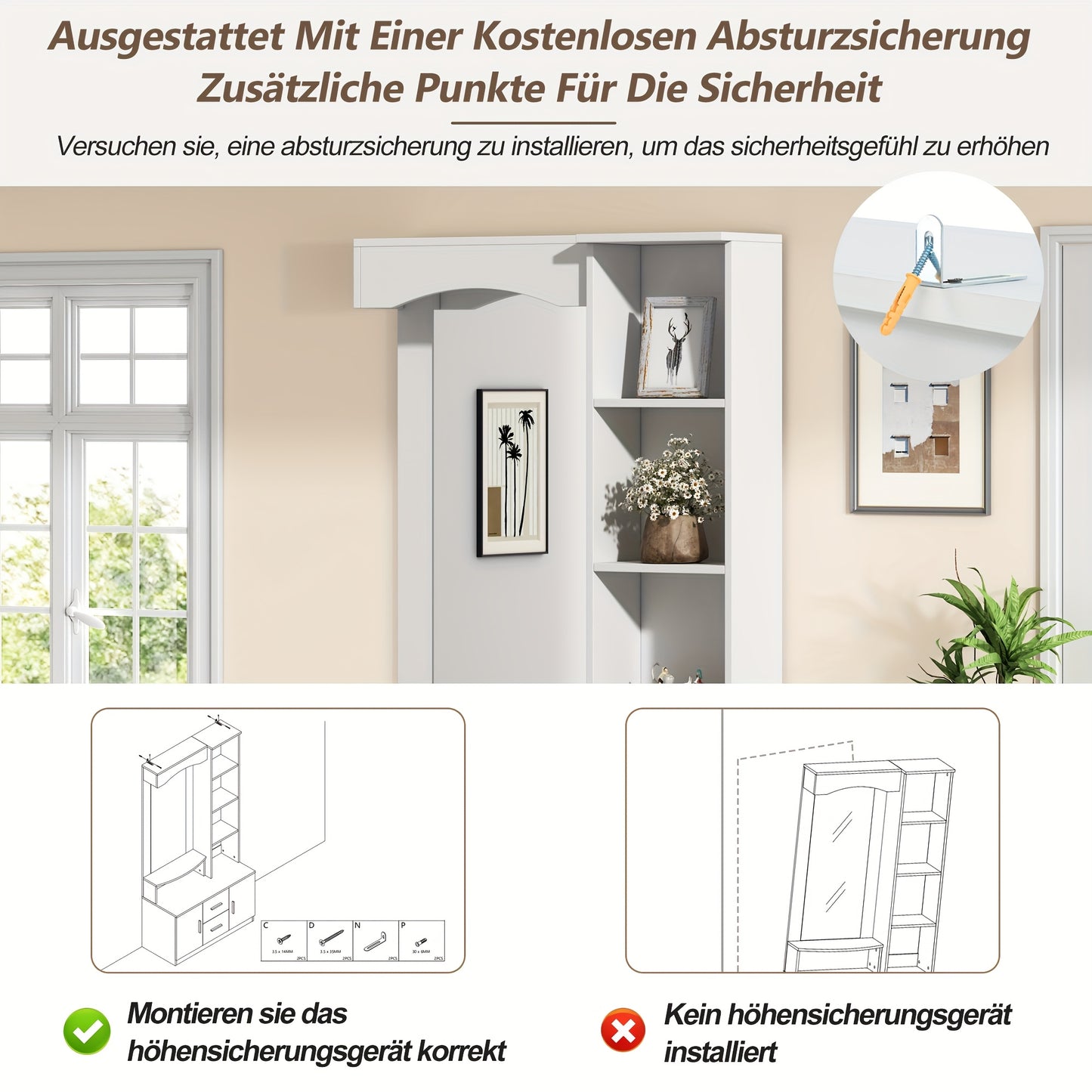 Multifunctional Entryway Cabinet with Storage Space, Shoe Cabinet, and Mirror | 2 Drawers and 2 Cabinets, Drawer Unit with Shelves, White, Floor Mount, Classic Style