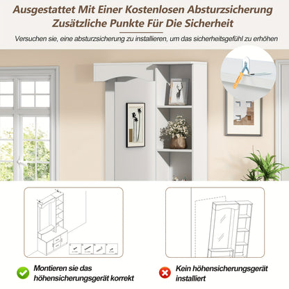 Multifunctional Entryway Cabinet with Storage Space, Shoe Cabinet, and Mirror | 2 Drawers and 2 Cabinets, Drawer Unit with Shelves, White, Floor Mount, Classic Style