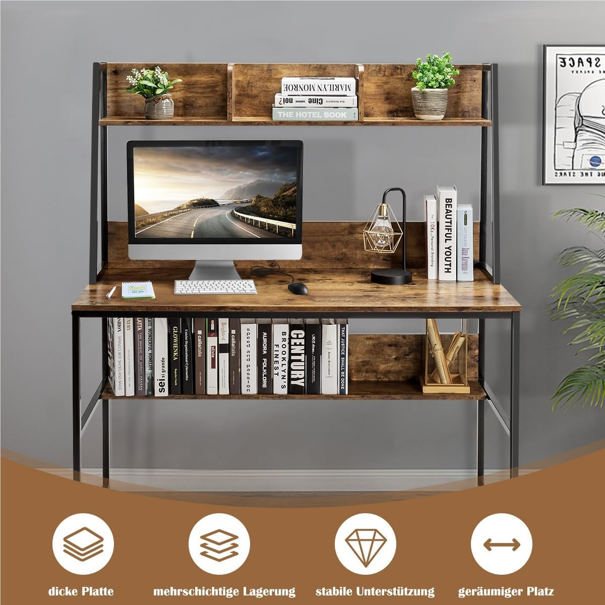Bureau – Werktafel – Computerbureau – Schrijftafel – Studiebureau – Houtfineer Met Metalen Frame – Verstelbare Voeten – Opbergrek