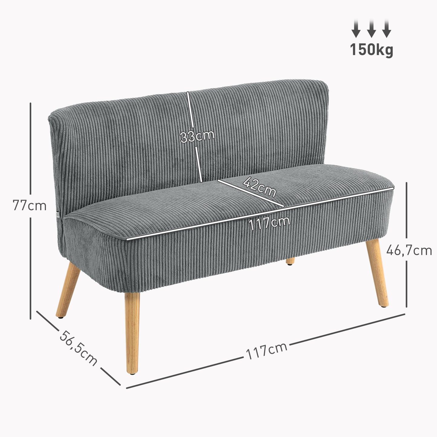 2-zits bank – tweepersoons sofa – loveseat – loveseatbank – zitbank – fluwelen polyester bekleding – stevig houten frame – 117x56,5x77 cm – grijs