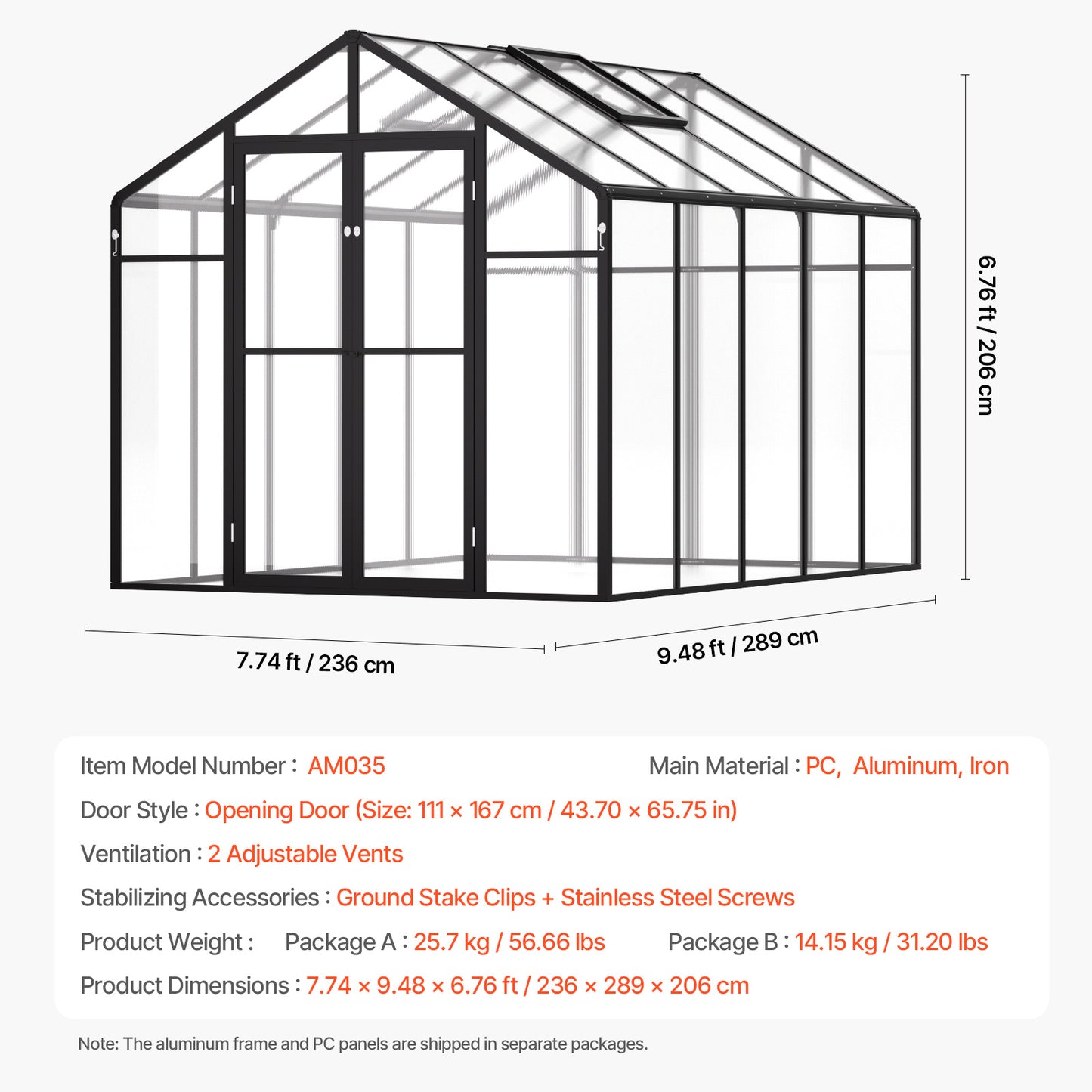 Kas – Kweekkas – Tuinkas – Plantenkas – Serre – 8 x 10 Ft Ruim Formaat – UV-Bestendige Polycarbonaat Panelen