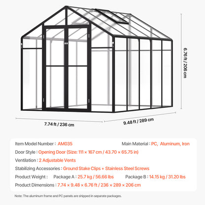 Kas – Kweekkas – Tuinkas – Plantenkas – Serre – 8 x 10 Ft Ruim Formaat – UV-Bestendige Polycarbonaat Panelen