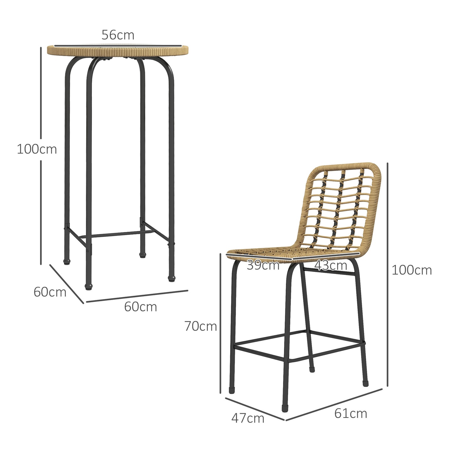 Bistroset – Tuinset – Balkonset – Terrasset – Zitgroep – Bohemian Design – Metaal & Gehard Glas – Compact voor 2 Personen – Natuurlijk Zwart