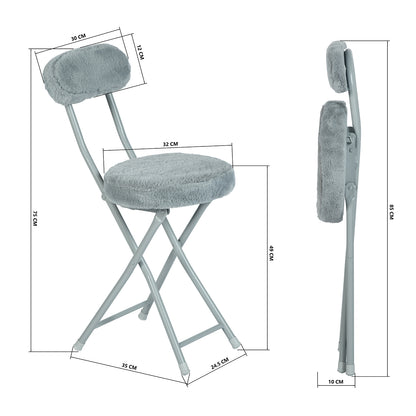 Vouwstoel – Klapstoel – Opklapstoel – Stoel – Kruk Set – Grijs – Kunstbont Bekleding – Metalen Frame – Compact 30x45x75 cm