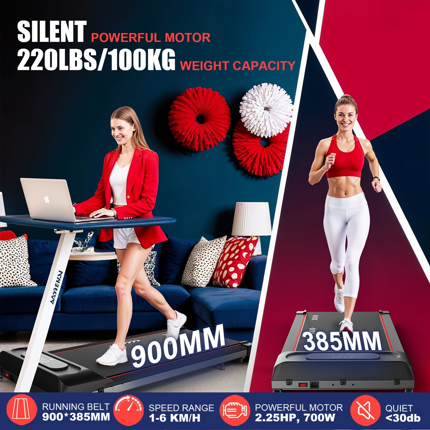 Charonfit Treadmill for Home Walking Pad: with 2.25 HP Motor, 100 Kg Weight Capacity, 4% Inclination, 1-10 Km/H, Without Battery