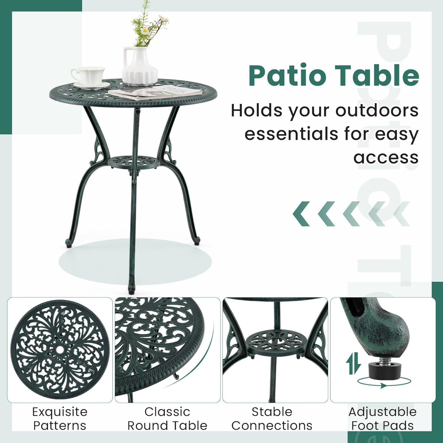 3-delige Bistro Set – Tuinset – Balkonset – Buitenmeubel – Terras Meubilair – Gegoten Aluminium – Weerbestendig Met Parasolgat