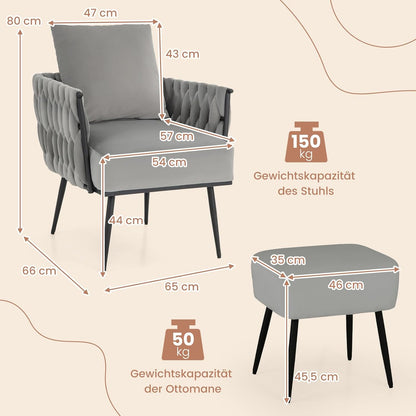 Fauteuil – Relaxstoel – Leesstoel – Loungefauteuil – Tv-stoel – Grijs Velours – Met Hocker – Ergonomische Halfronde Rugleuning