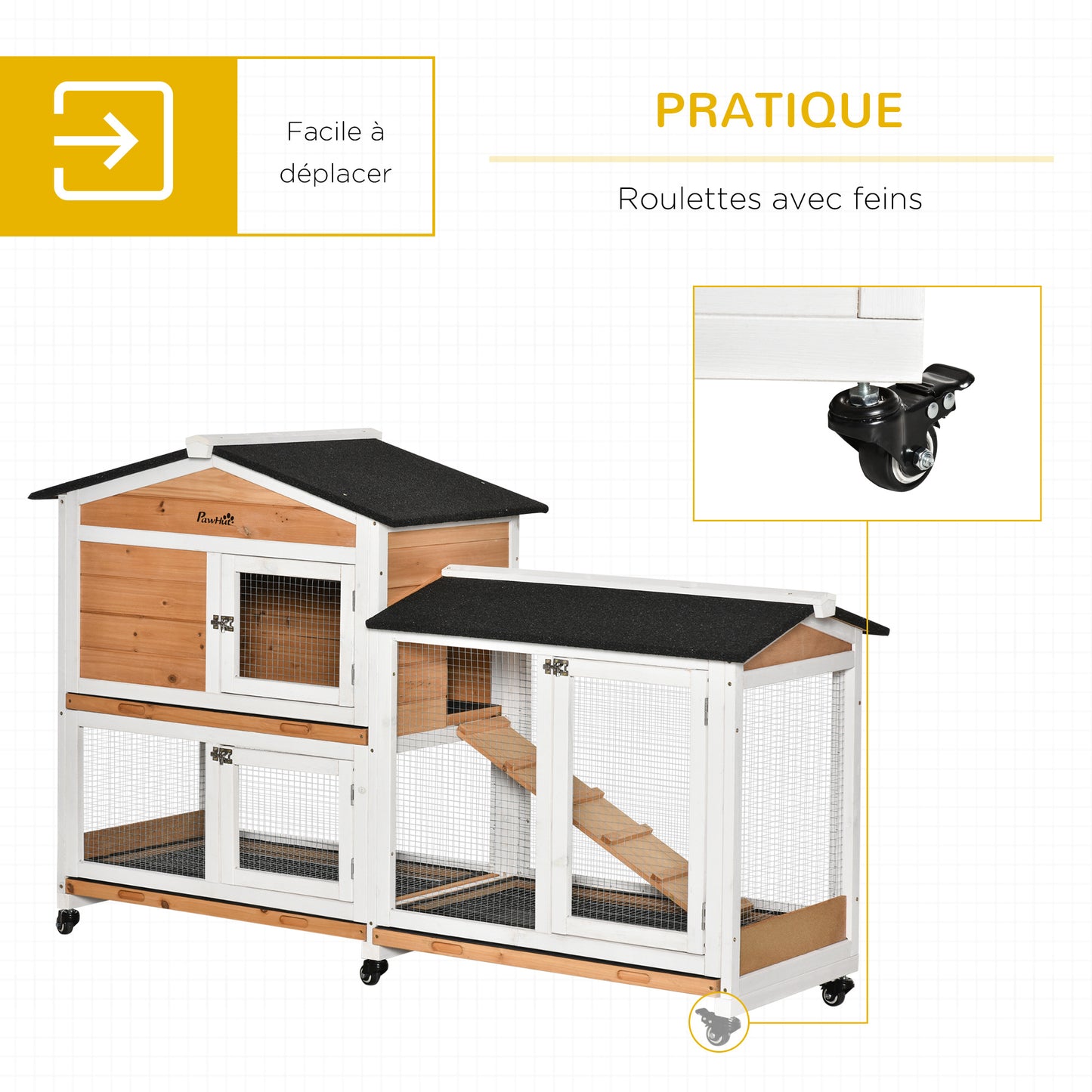 Konijnenren – Houten Knaagdierenhok – Buitenren – Knaagdierverblijf – Ren Op Wielen – 2 Niveaus – 3 Uittrekbare Schuifbakken – Geel – 157,4x53x99,5 cm – Waterafstotend